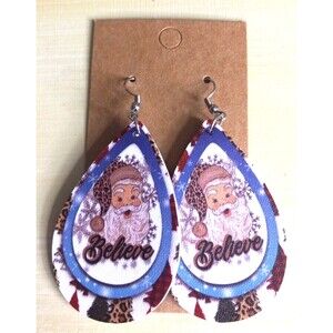 Santa Earrings Believe Leopard Print Hat Snowflakes Blue Boarder Double Sided